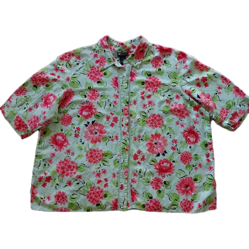 Maggie Barnes Linen Blend Floral Top  Womens Plus Size 3X Button Up Lace Crochet